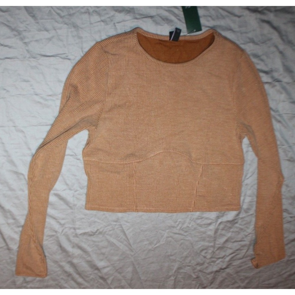 Woman's Wild Fable Long Sleeve Cropped Corset Seamed Top Light Brown XXL